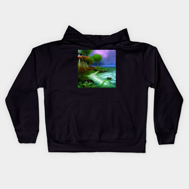 Magical Landscape featuring Sea and Plants, Tropical Beach Kids Hoodie by Promen Art